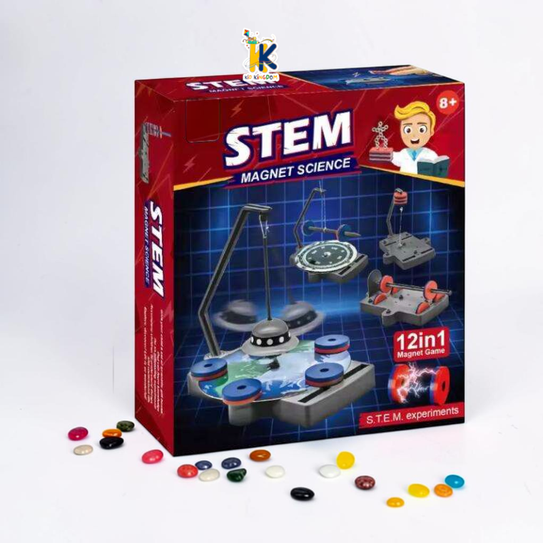 L1 12-in-1 STEM magnet science box packaging showing levitating UFO and experiment components