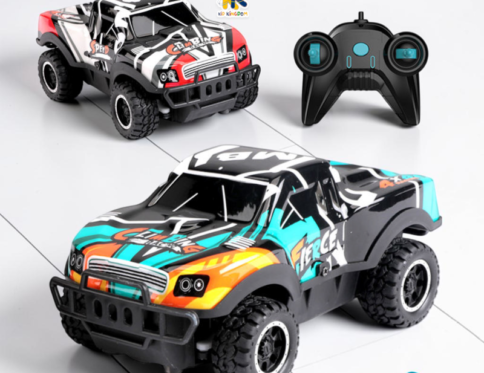Image 1: Climbing Racing Fierce RC short course trucks in turquoise blue and green fiber body shells with remote controller