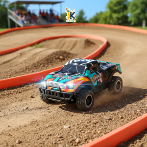 Image 3: Red and green graphic Climbing Racing RC truck showing unbreakable flexible fiber shell structure
