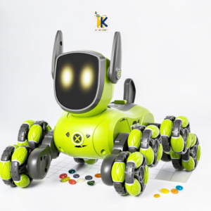 (360 Spin & Serpentine Walk Action): 8-wheel RC robot dog performing 360-degree stunt spin and slithering walk on floor
